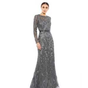 Mac Duggal | 5124 Beaded Long Sleeve Evening Gown Charcoal Sequin Size 4 NWT